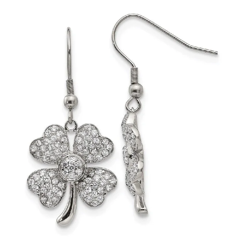 Fold knot earrings-Stainless Steel Polished 4-Leaf Clover w/CZ Shepherd Hook Earrings