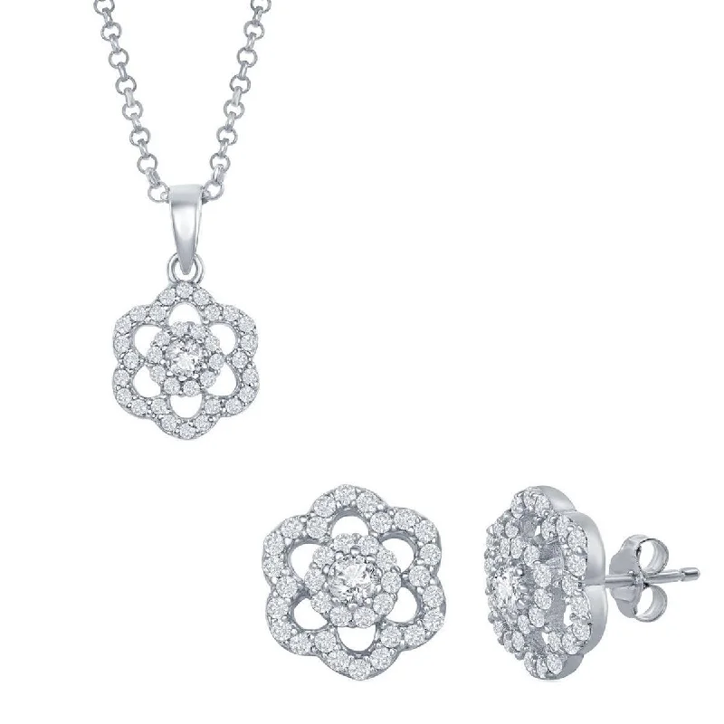 Old clip earrings-Classic Women's Pendant and Earrings Set - Sterling CZ Flower with Chain | SET-423