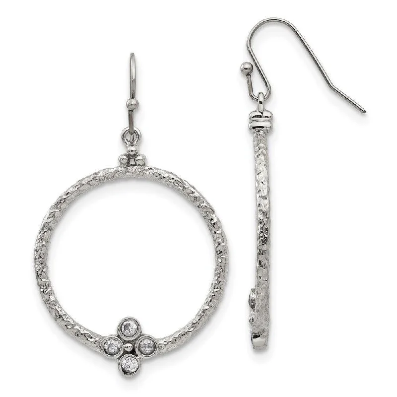 Tiered dangle earrings-Stainless Steel Polished/Textured CZ Shepherd Hook Earrings