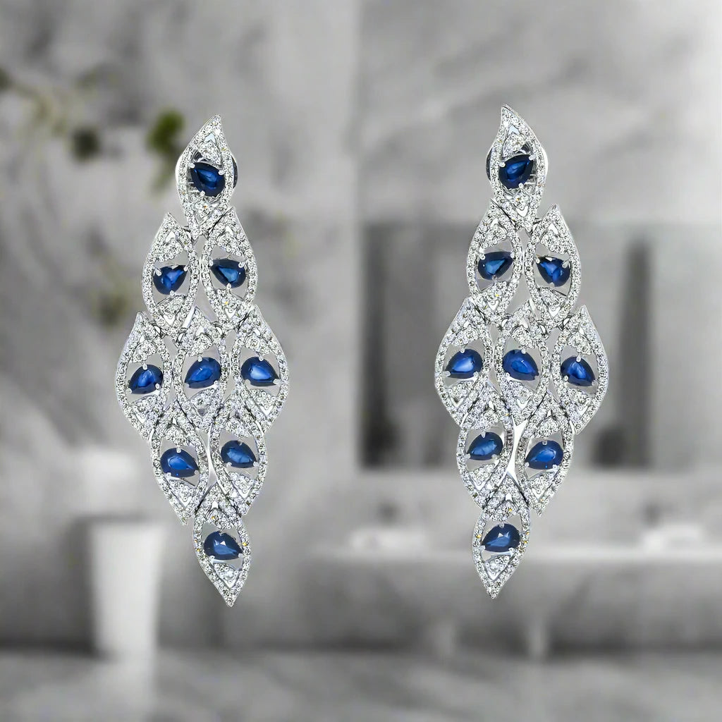 Wide hoop earrings-Johanna Pear Cut Sapphire & Diamond Drop Earrings in 14K White Gold