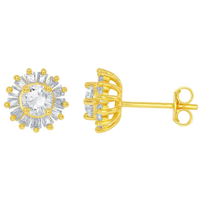 Edwardian earrings-Classic Women's Earrings - Small Round CZ with Baguette Border Stud | D-6040