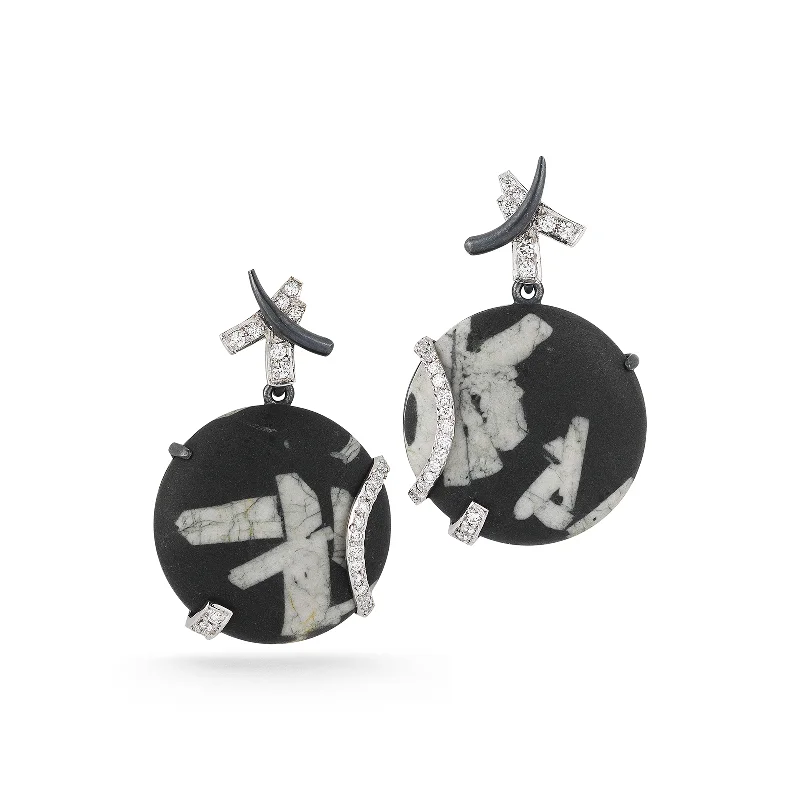 Oval drop earrings-Round Chinese Writing Stone and Diamond Earrings 