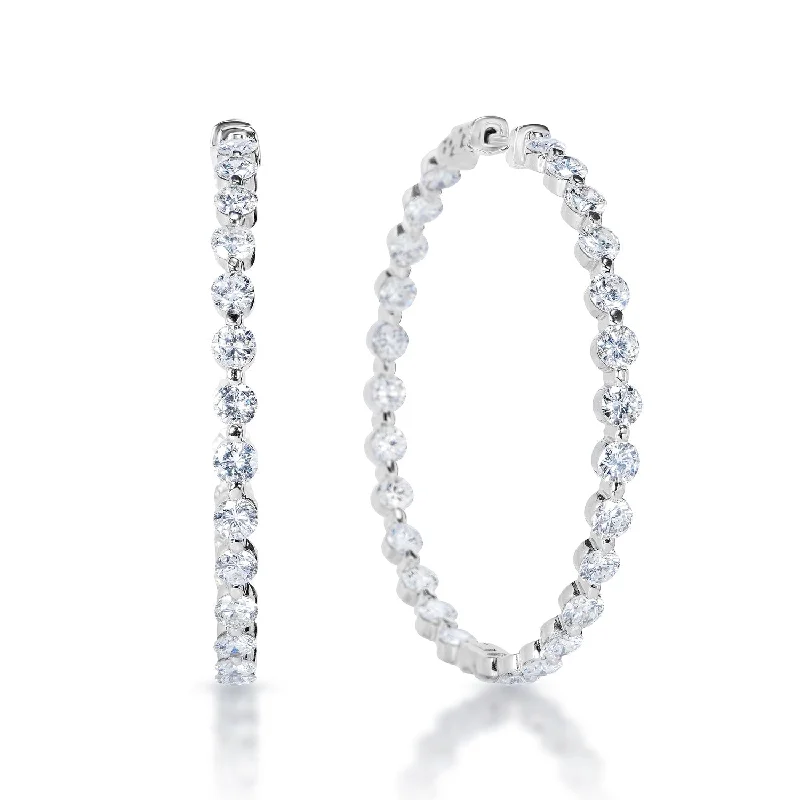 Bright crystal earrings-Karissa 10 Carat Round Brilliant Single Prong Diamond Hoop Earrings Inside and Out in 18k White Gold