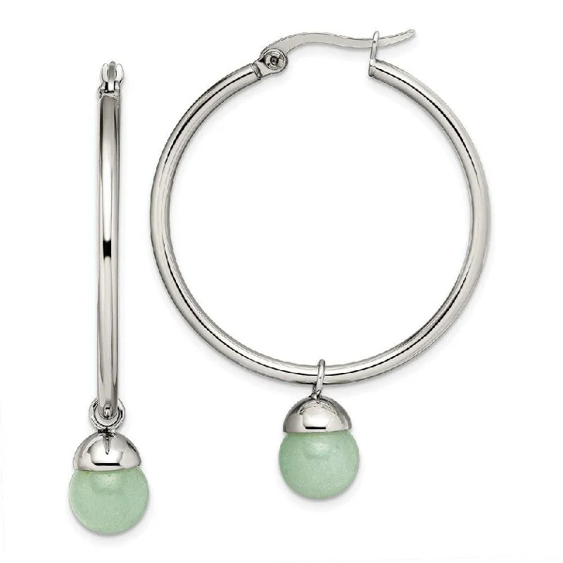 Clear bead earrings-Stainless Steel Polished Hoop w/Green Aventurine Bead Earrings