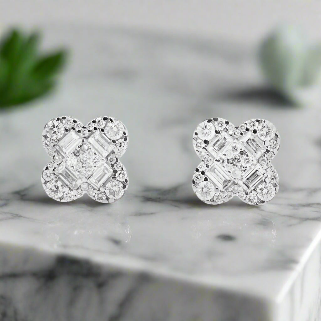 Tide theme earrings-Cally 1 Carat Emerald & Round Clover Diamond Stud Earrings in 14K White Gold