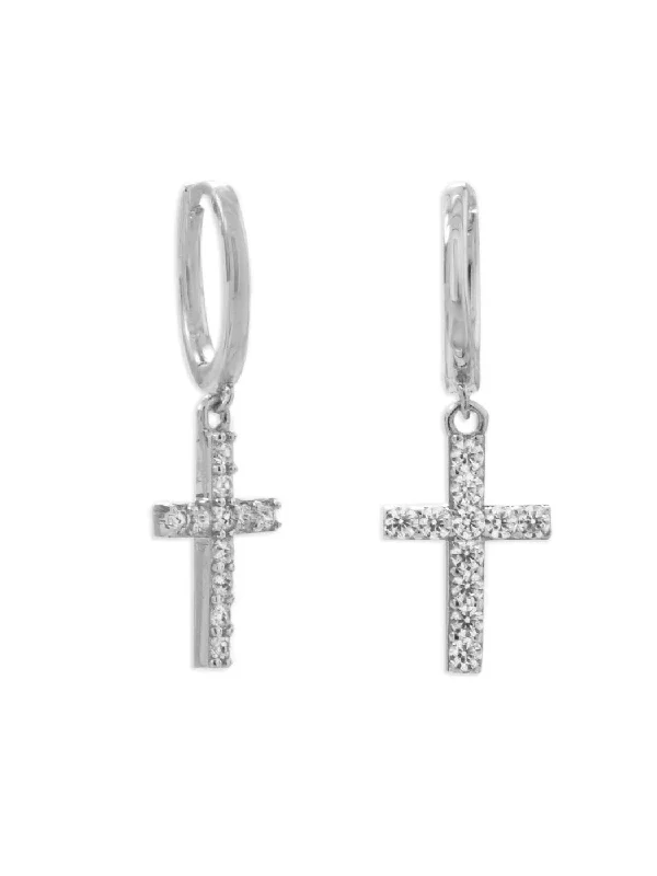 Ruby stud earrings-Rhodium-plated Sterling Silver Huggie Hoop Earrings with Dangle Cross