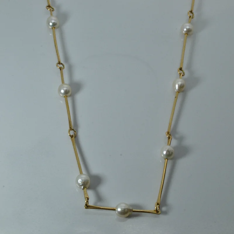 Flax thread necklaces-Elongated Gold Bar and Pearls Necklace | 48"|