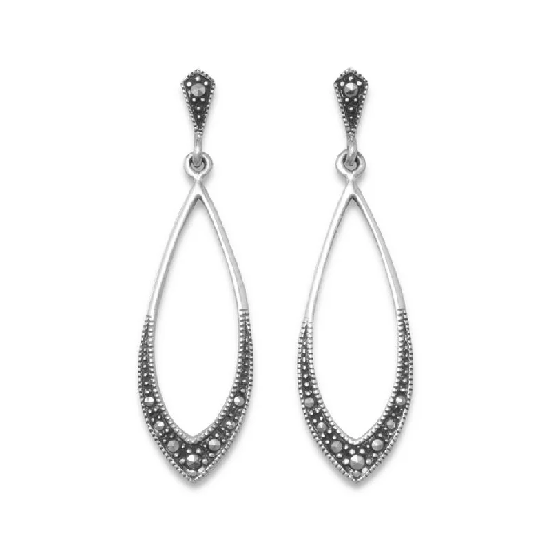 Fine star earrings-Long Teardrop Vintage Antique Drop Earrings with Marcasite Sterling Silver Post