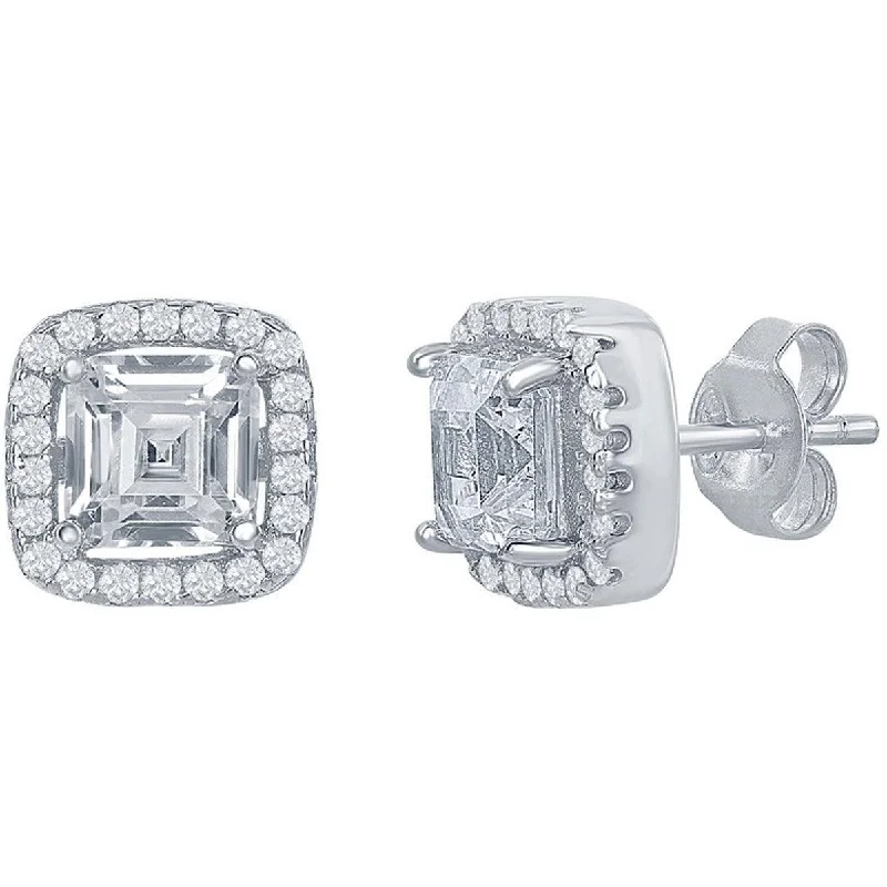 High shine earrings-Classic Women's Earrings - Sterling Silver Double Square CZ Post Back Closure | D-7004