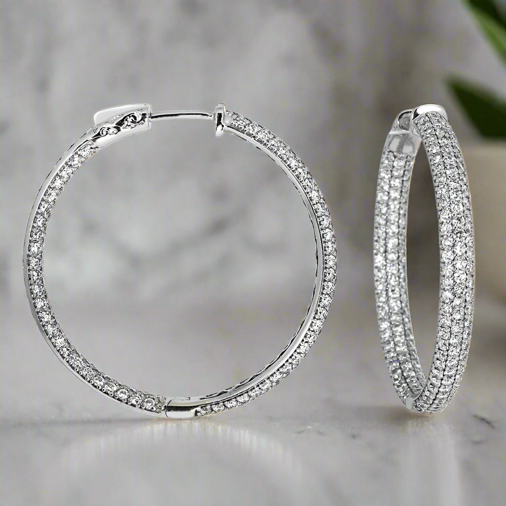 Wide hoop earrings-Leveta 4 Carats Triple Row Lab Grown Round Diamond Inside Out Hoop Earrings in 14k White Gold