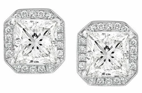 Worn flair earrings-2.60 Ct. Halo Pave Princess Cut Diamond Earrings G Color VS2 Clarity