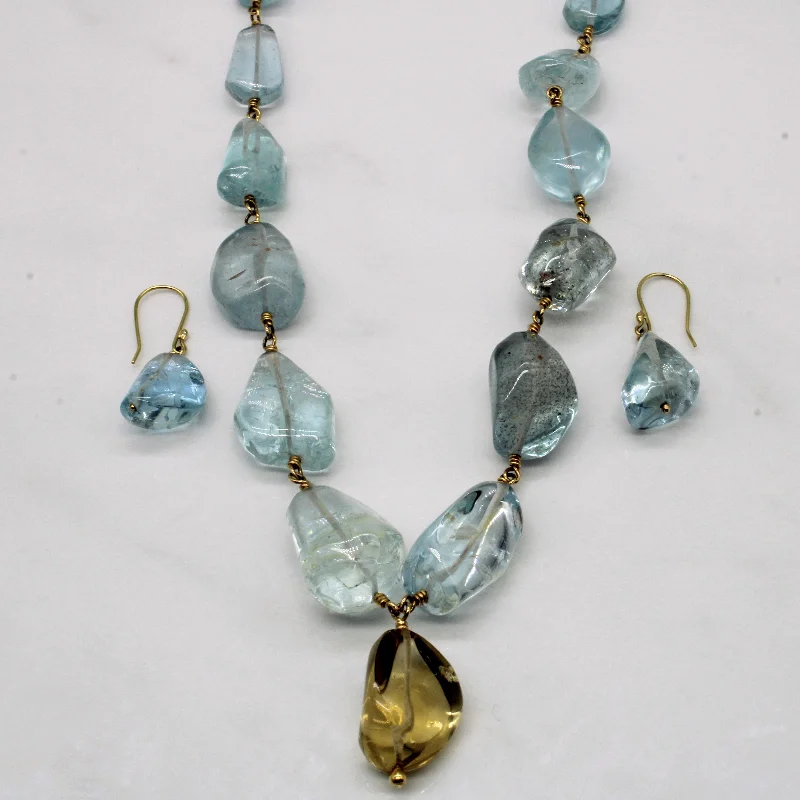 Bloom design necklaces-Aquamarine & Citrine Earring & Necklace Set | 135.00ctw, 10.00ctw | 15" |