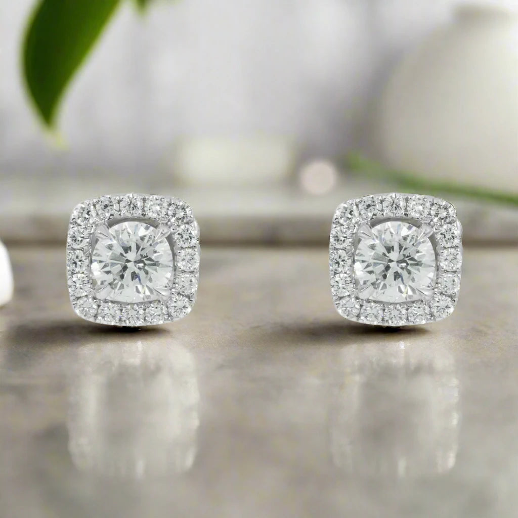 Poppy motif earrings-Calantha 3 Carats Square Shape Round Diamond Stud Earrings in 14K White Gold