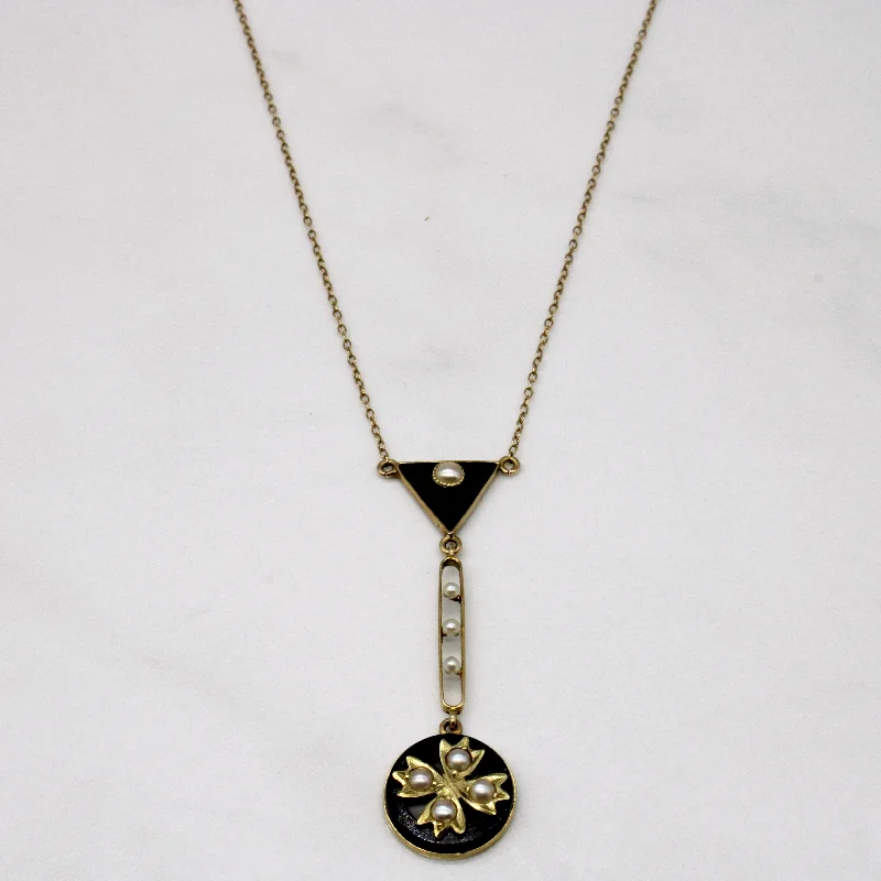 Topaz necklaces-Onyx & Pearl Drop Pendant Necklace | 1.70ctw | 17" |