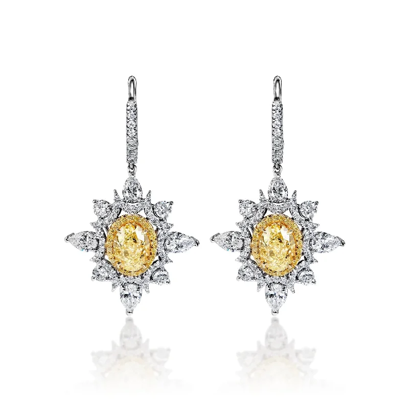 High shine earrings-Everleigh 8 Carat Fancy Light Yellow IF - VS2 Oval Shape Diamond Leverback Earrings in 18k Yellow & White Gold By Mike Nekta NYC