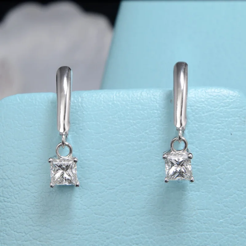 Flat knot earrings-1.00 Ctw Lever Back Dangling Princess Cut Diamond Earrings H, SI2 GIA Certified