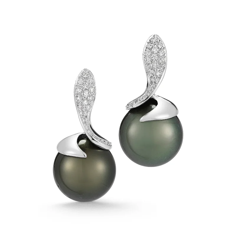 Sleek hoop earrings-Tahitian Black Pearl and Diamond Earrings