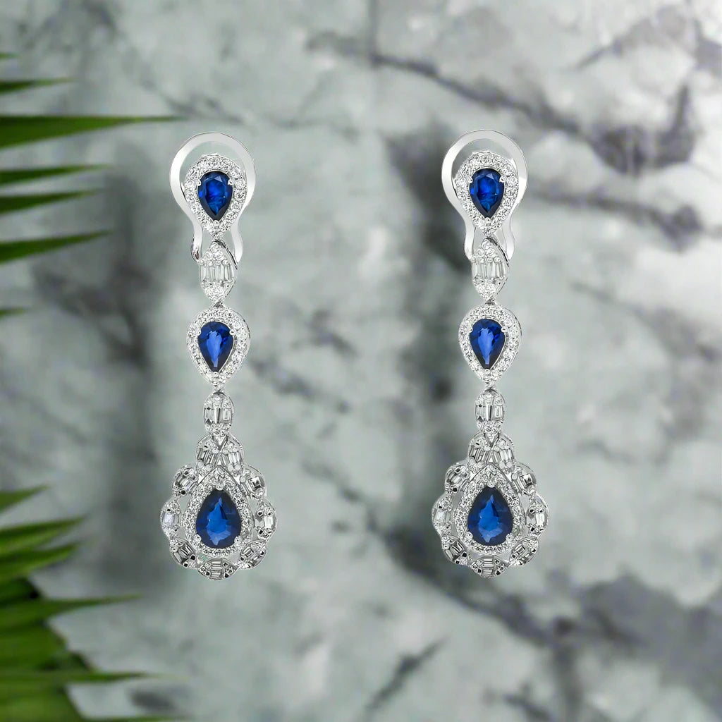 Fine threader earrings-Wrenlee Pear Cut Sapphire & Diamond Drop Earrings in 14K White Gold