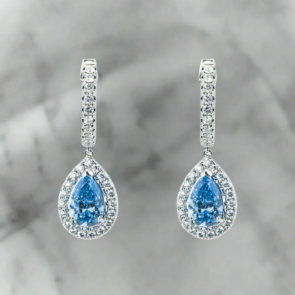 Thin wing earrings-Lenna 3 Carats Pear Cut Lab Grown Fancy Vivid Blue Diamond Teardrop Earrings in 18K White Gold