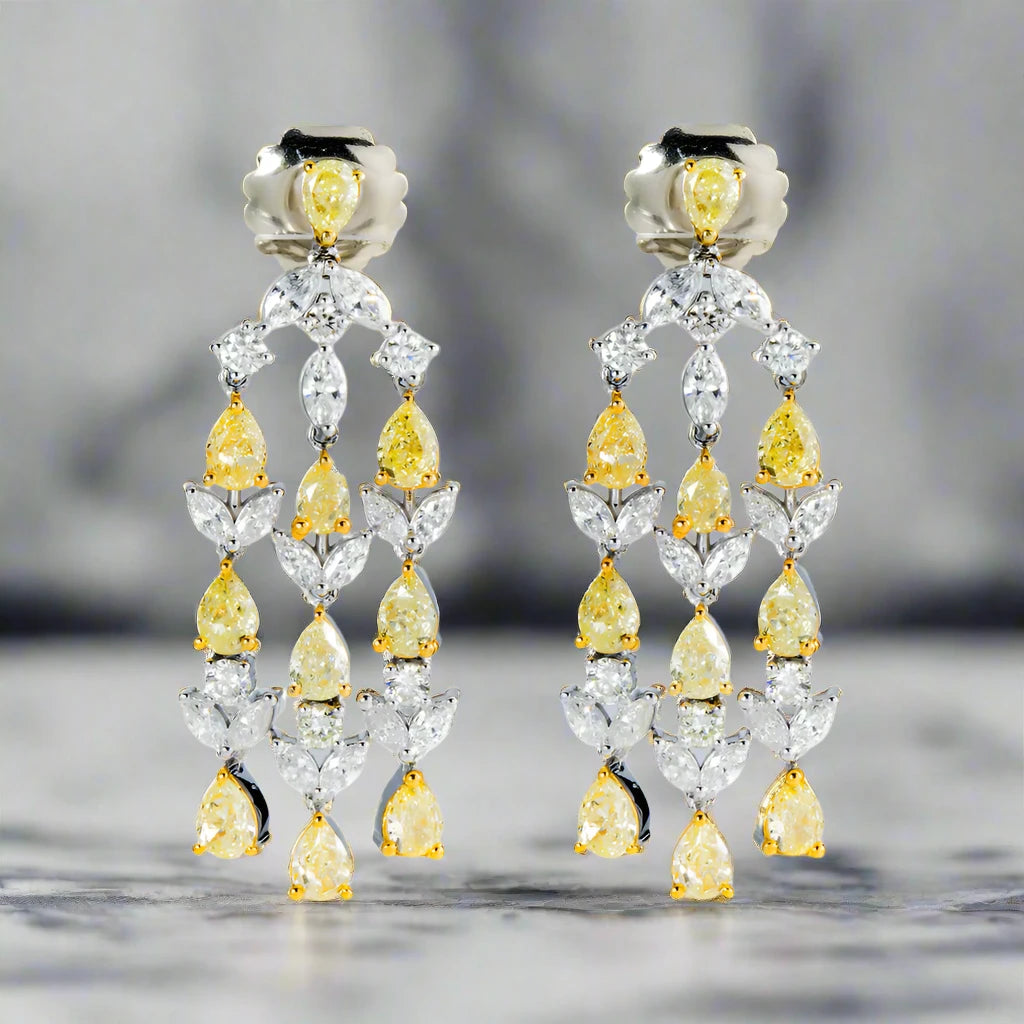 Worn flair earrings-Elowyn 9 Carats Pear Cut Fancy Yellow Diamond Chandelier Drop Earrings in 14K White Gold