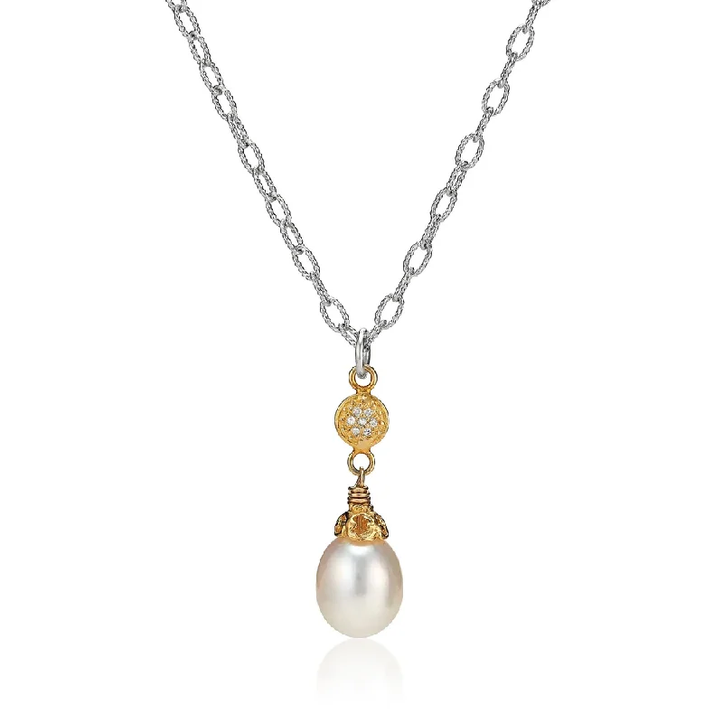 Curled knot necklaces-Large Pearl Teardrop Necklace with 18k Gold Plate and Pave Diamonds