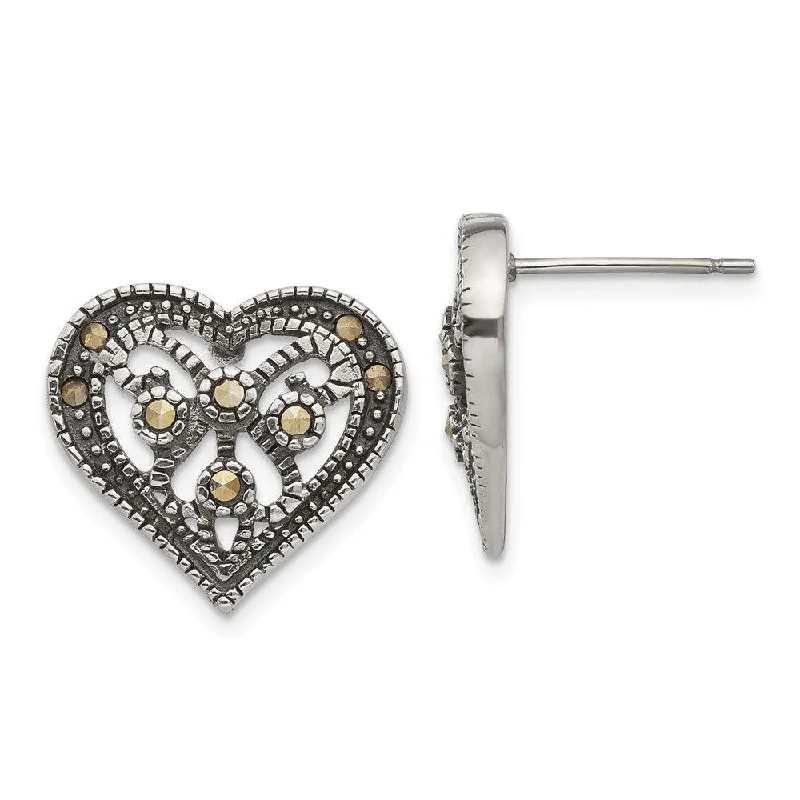 Wide ring earrings-Stainless Steel Marcasite Textured Heart Post Earrings