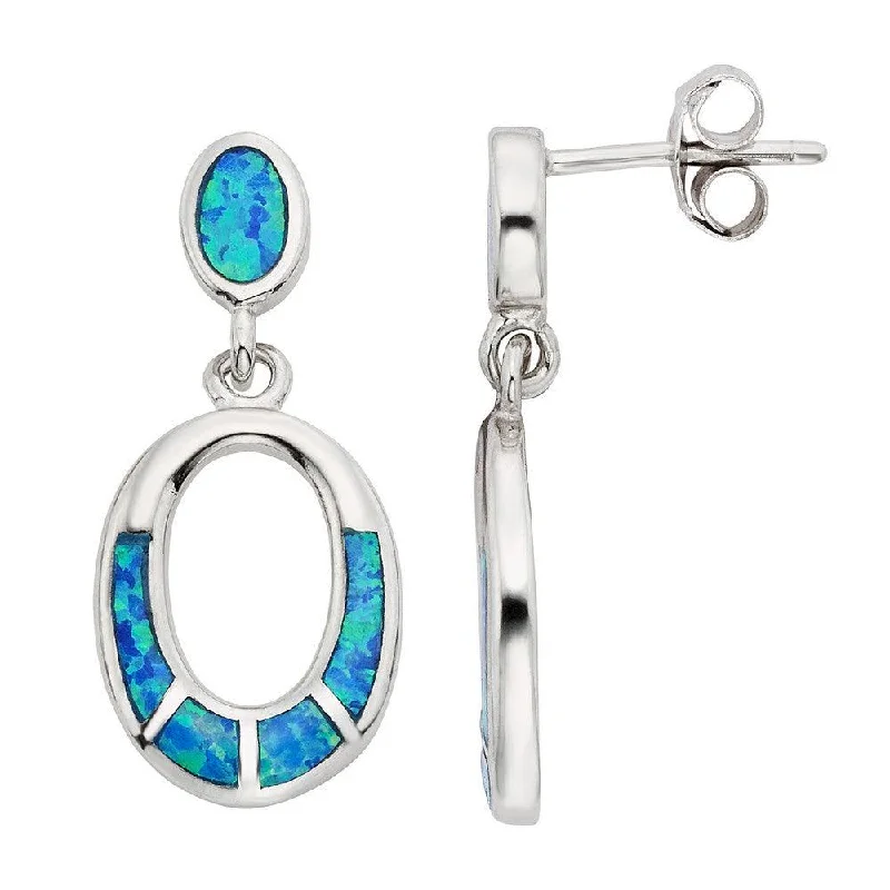 Vivid druzy earrings-Sterling Silver Blue Inlay Opal Open Oval Earrings