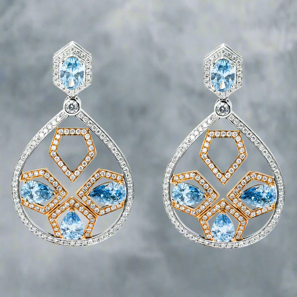 Bright crystal earrings-Madilynn 12 Carats Lab Grown Blue Diamond Geometric Drop Earrings in 18K Two Tone