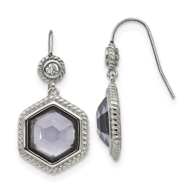 Thin dangle earrings-Stainless Steel Polished/Antiqued Glass and CZ Earrings