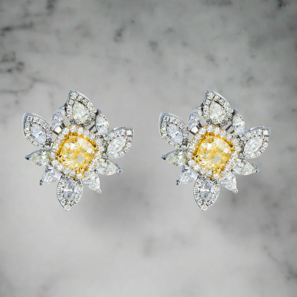 Oval drop earrings-Alisson 5 Carats Cushion Cut Fancy Yellow Diamond Stud Earrings in 14K White Gold