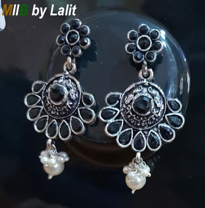 Worn flair earrings-Artistic Handmade Designer Earrings ,Oxidized and stone inlay, Sold Per Pair