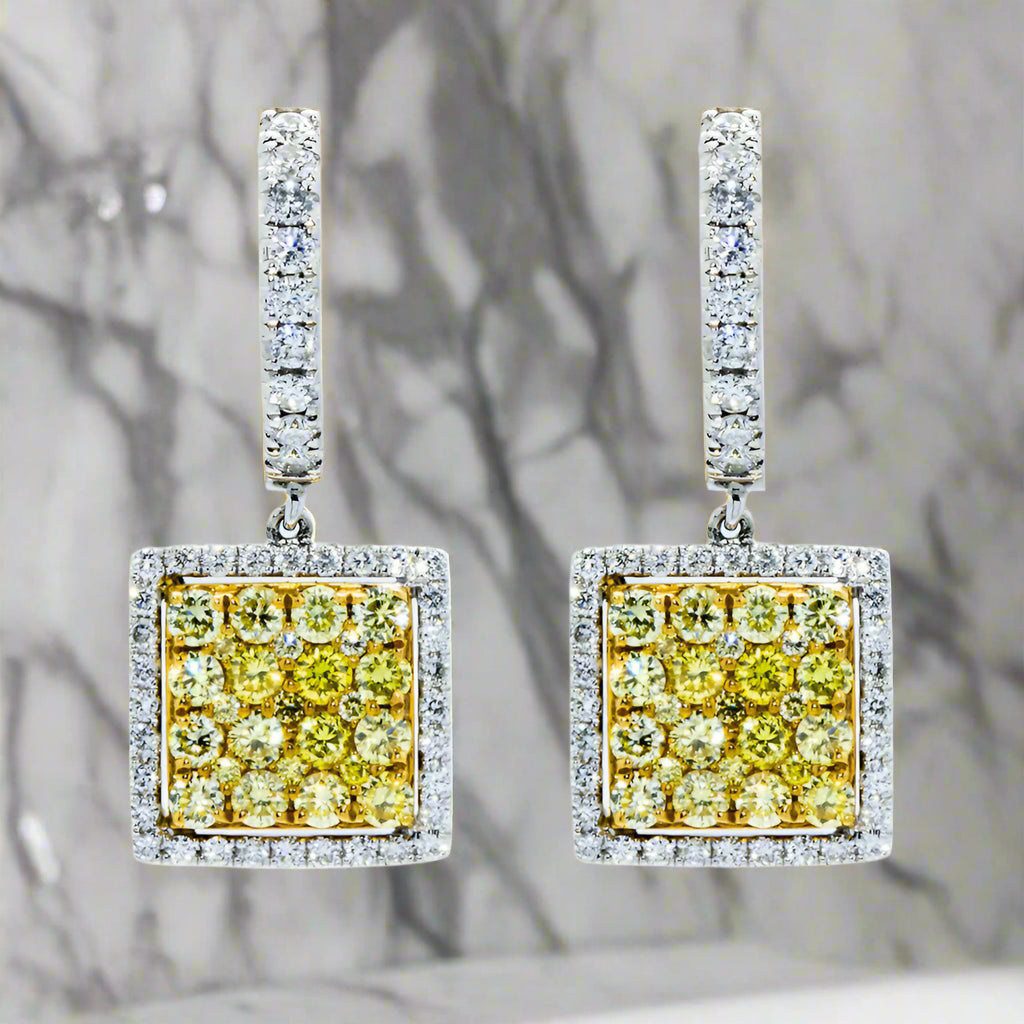 Edwardian earrings-Benicia 2 Carats Round Fancy Yellow Diamond Square Drop Earrings in 18K White Gold