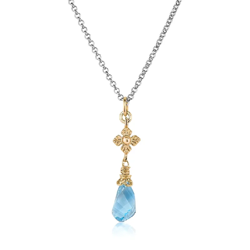 Nova star necklaces-Faceted Blue Topaz Twist Two-tone Necklace with Flower Detail