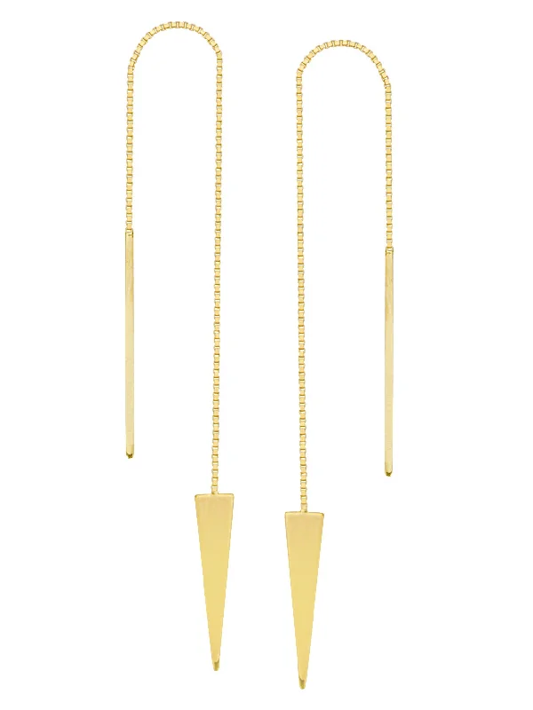 Stacked drop earrings-Threader Earrings 14K Yellow Gold Polished Solid Triangle and Bar with Box Chain