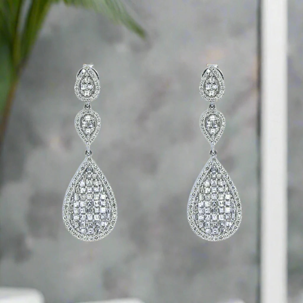 Onyx gem earrings-Cerese 3 Carats Round and Asscher Cut Diamond Tier Drop Earrings in 14K White Gold