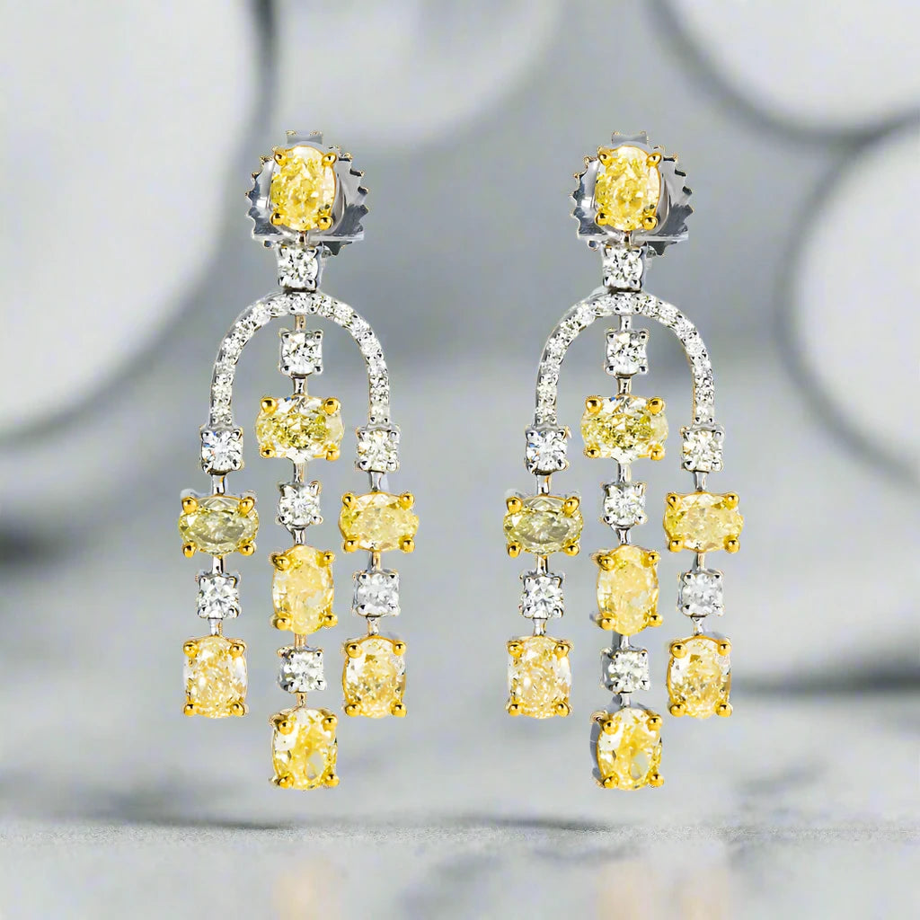 Tiered dangle earrings-Vienna 5 Carats Oval Cut Fancy Yellow Diamond Chandelier Drop Earrings in 14K White Gold