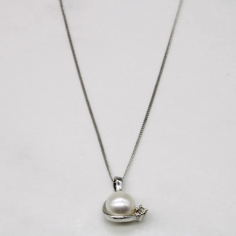 Curved pendant necklaces-Pearl & Diamond Pendant & Necklace | 0.02ct | 18" |