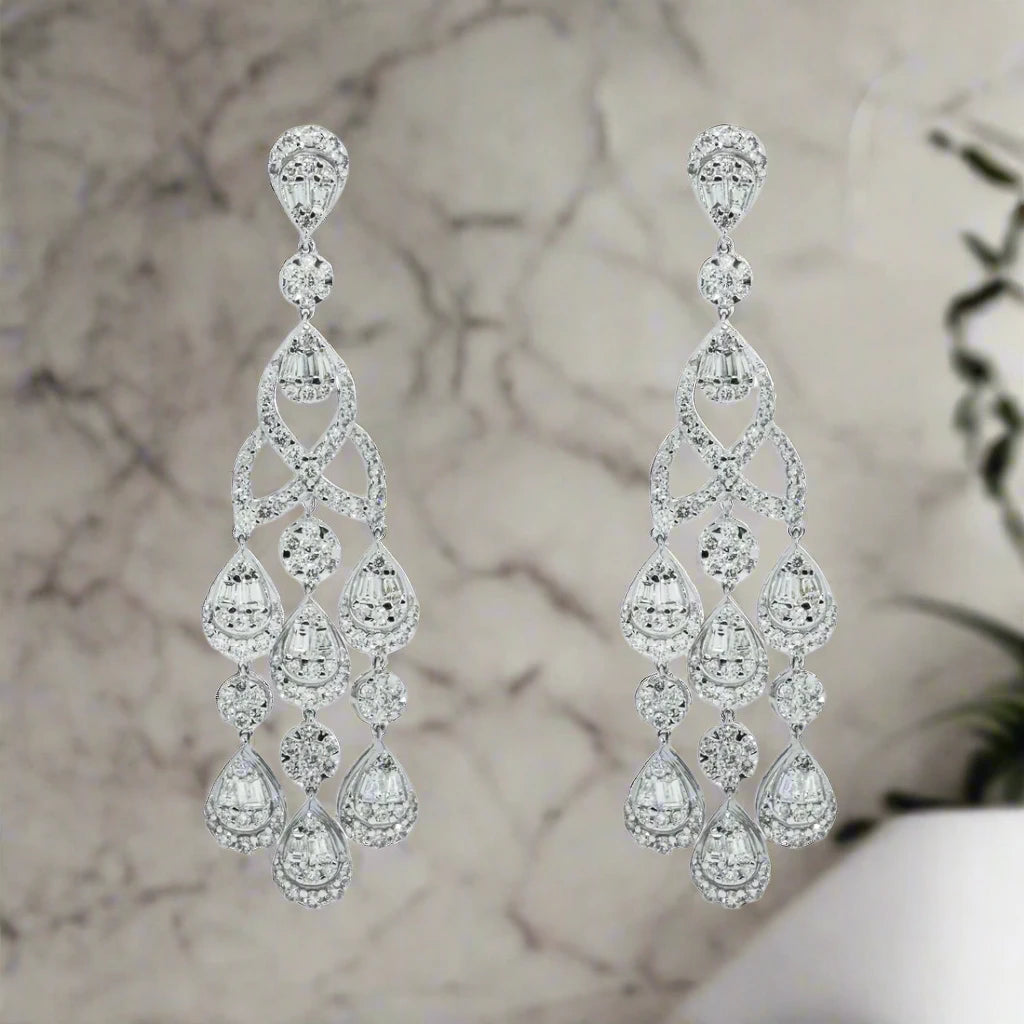 Fine heart earrings-Minta 6 Carats Round and Baguette Antique Style Diamond Chandelier Drop Earrings in 14K White Gold