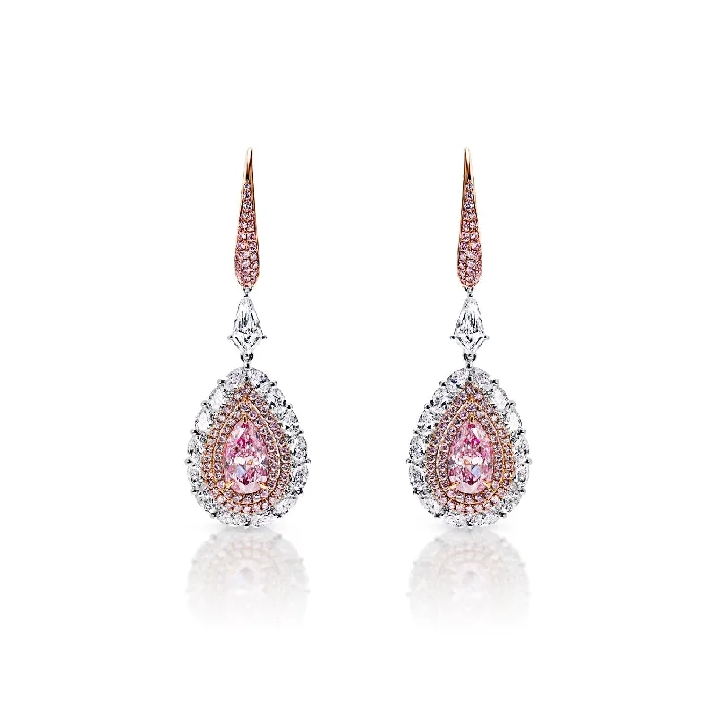 Dull brass earrings-Julie 5 Carat Light and Faint Pink VS1-SI1 Pear Shape Diamond Hanging Earrings in 18k White & Rose Gold. GIA Certified