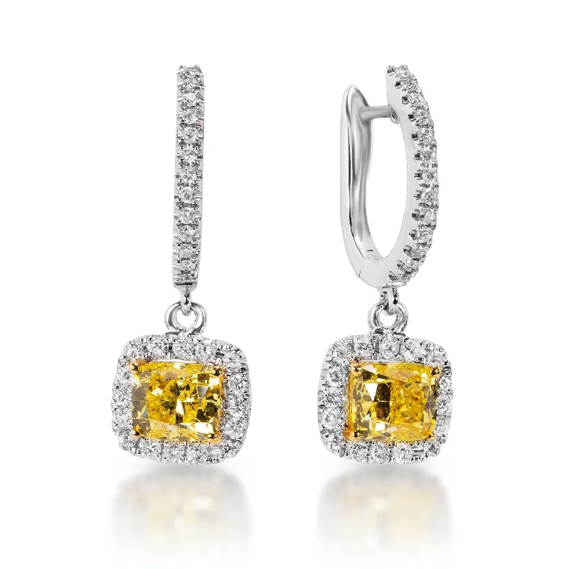 Clean cross earrings-Madeleine 1 Carat Cushion Cut Diamond Leverback Earrings with yellow diamonds in 14k White Gold