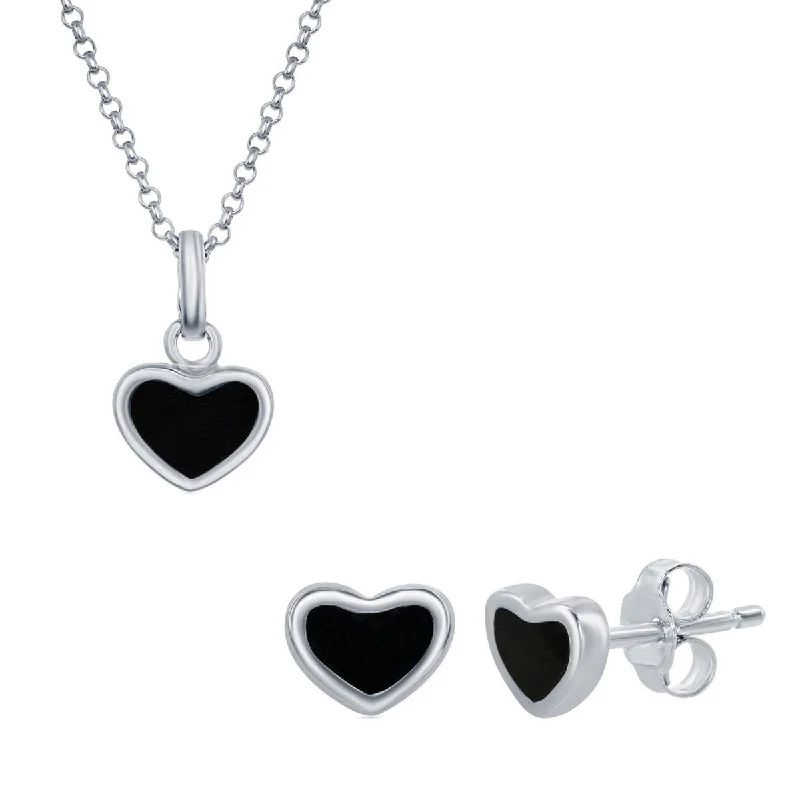 Amethyst earrings-Classic Women's Pendant and Earrings Set - Sterling Silver Onyx Heart | SET-399