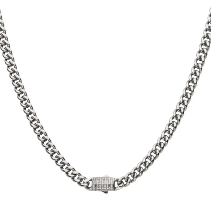 Aged silver necklaces-St.St. 22" 6mm LG Diamond Cuban Necklace Double Tab Box Clasp  (35) 1mm LG RBCs = 0.16ctw