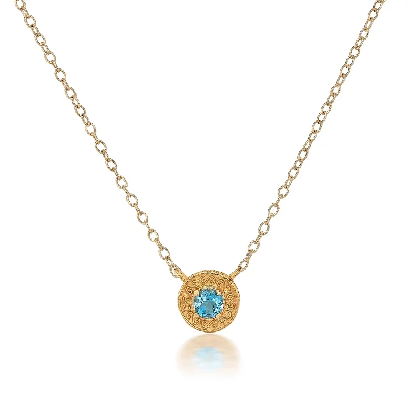 Cool wood necklaces-Engraved Gold Disc Necklace in Blue Topaz