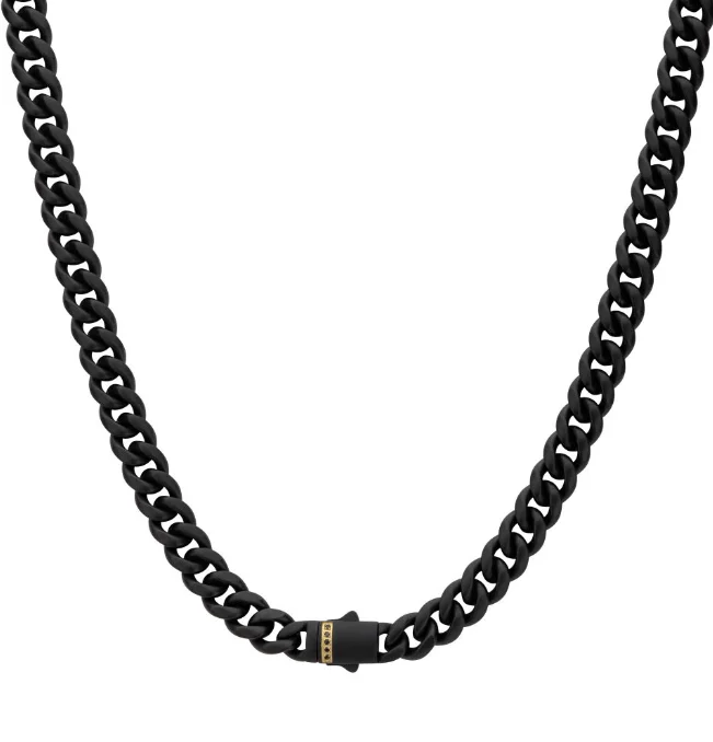 Glossy pearl necklaces-St. St./18YGP 24" 8mm Black Sapphire Cuban Chain Box Clasp  (5) 1mm Round Black Sapphires