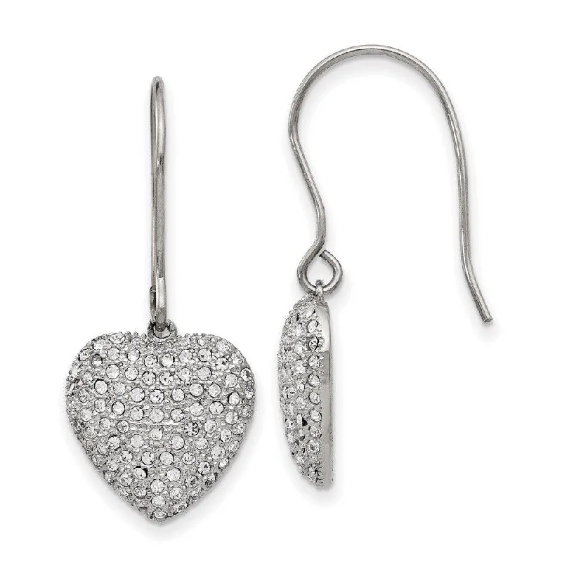 Thick bar earrings-Stainless Steel Polished w/ Preciosa Crystal Heart Dangle Earrings