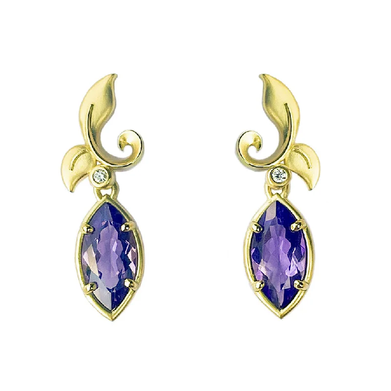 Pink gold earrings-Leaf Yellow Gold, Amethyst and Diamond Drop Earrings