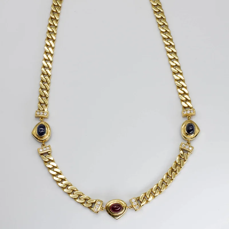 Thai style necklaces-Sapphire, Ruby Cabochon and Diamond Curb Chain Necklace | 2.9ctw, 1.5ctw 0.5ctw | 17" |