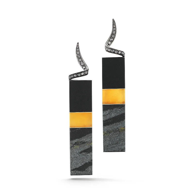 Agate earrings-Carved Black Jade, Citrine, Hematite with Black Diamond Earrings