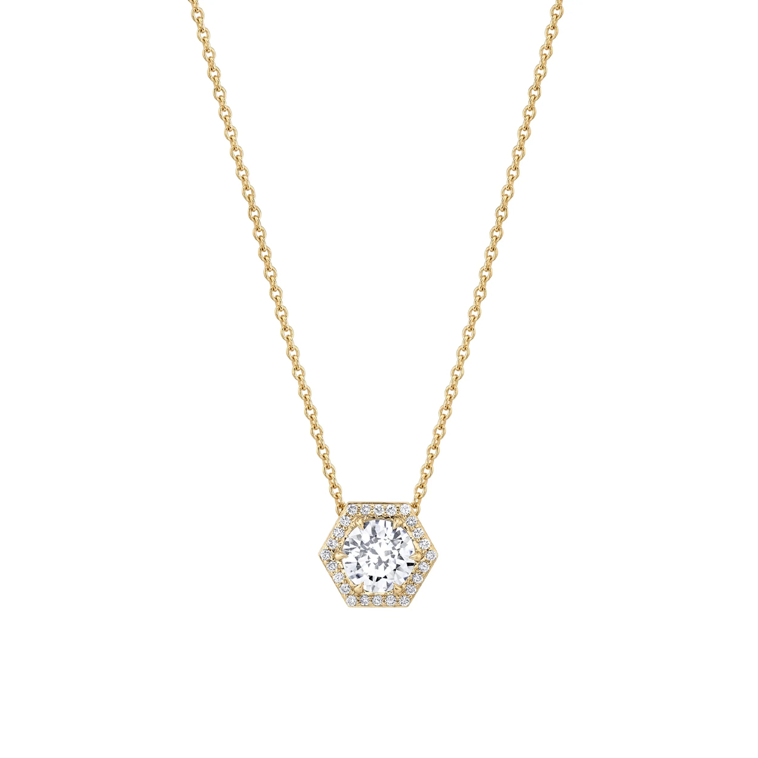 Pure stone necklaces-Hex Halo Solitaire Necklace P425-1.5