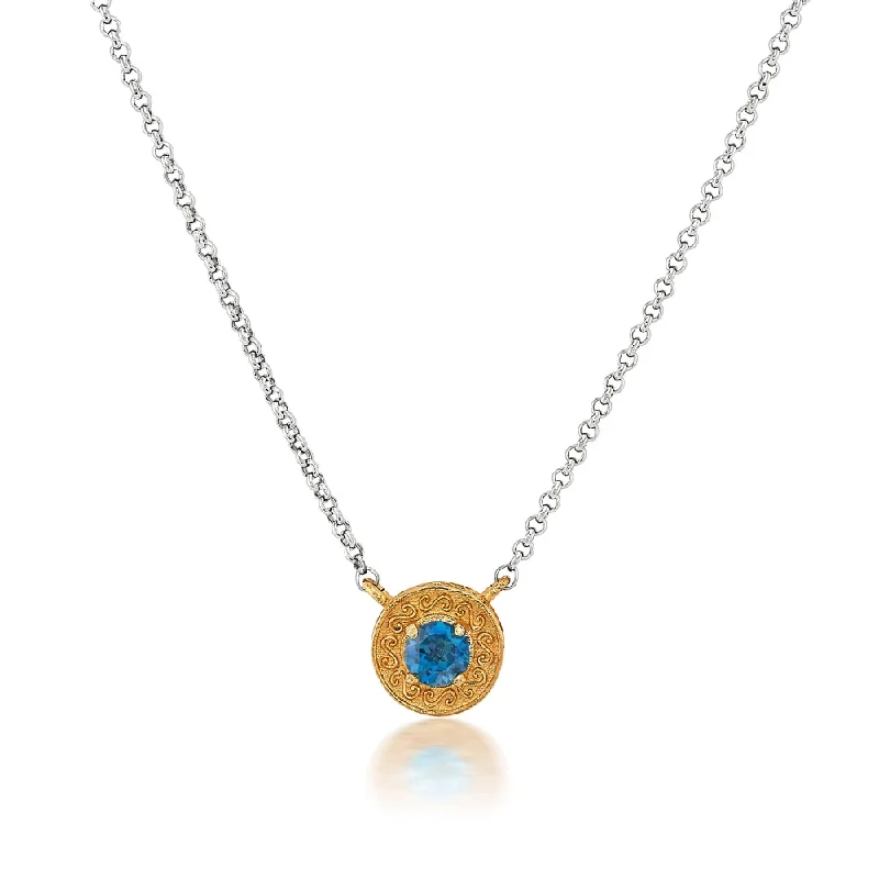 Stacked chain necklaces-Engraved Disc Two-tone Necklace in London Blue Topaz